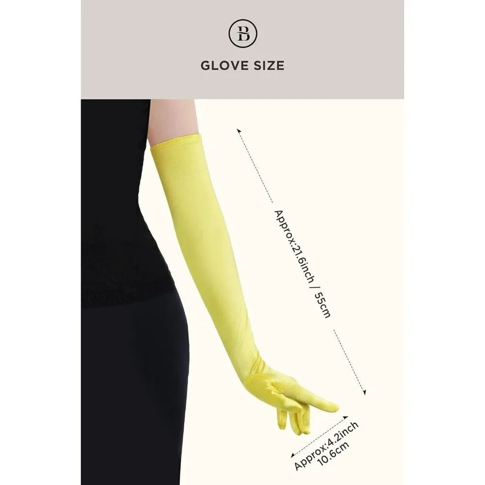 Women's Yellow Vintage Satin Long Gloves Party Costume Stretchy Elbow Length